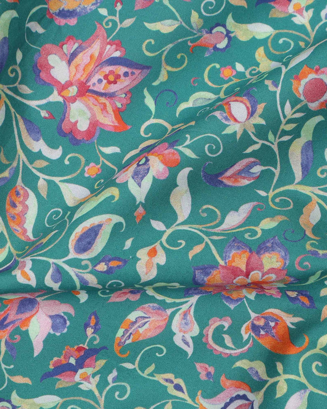 Green Floral Vine Printed Premium Spanish 100% Cotton Voile Fabric Soft Lightweight Breathable Dressmaking Craft Fabric 150 Cms Wide , Made in Spain-D27494