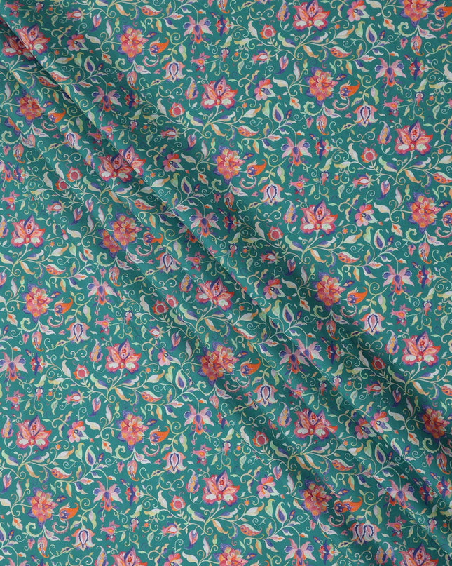 Green Floral Vine Printed Premium Spanish 100% Cotton Voile Fabric Soft Lightweight Breathable Dressmaking Craft Fabric 150 Cms Wide , Made in Spain-D27494