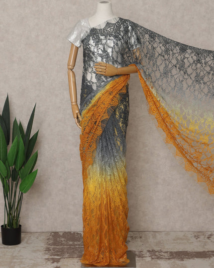 Charcoal Grey and Mustard Yellow Premium French Ombre Chantilly Lace Saree – 5.5 Meters Length, 110 Cms Width, Crafted in France-D26101