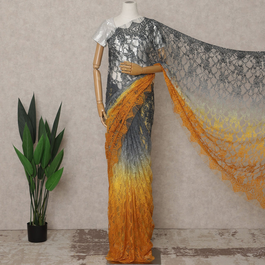 Charcoal Grey and Mustard Yellow Premium French Ombre Chantilly Lace Saree – 5.5 Meters Length, 110 Cms Width, Crafted in France-D26101