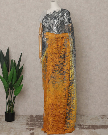 Charcoal Grey and Mustard Yellow Premium French Ombre Chantilly Lace Saree – 5.5 Meters Length, 110 Cms Width, Crafted in France-D26101