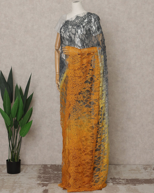Charcoal Grey and Mustard Yellow Premium French Ombre Chantilly Lace Saree – 5.5 Meters Length, 110 Cms Width, Crafted in France-D26101