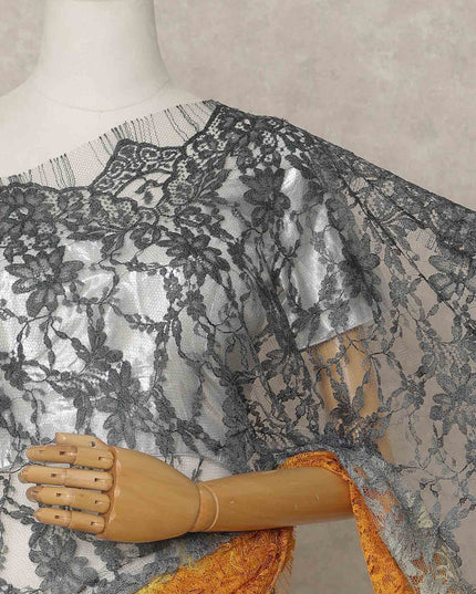 Charcoal Grey and Mustard Yellow Premium French Ombre Chantilly Lace Saree – 5.5 Meters Length, 110 Cms Width, Crafted in France-D26101