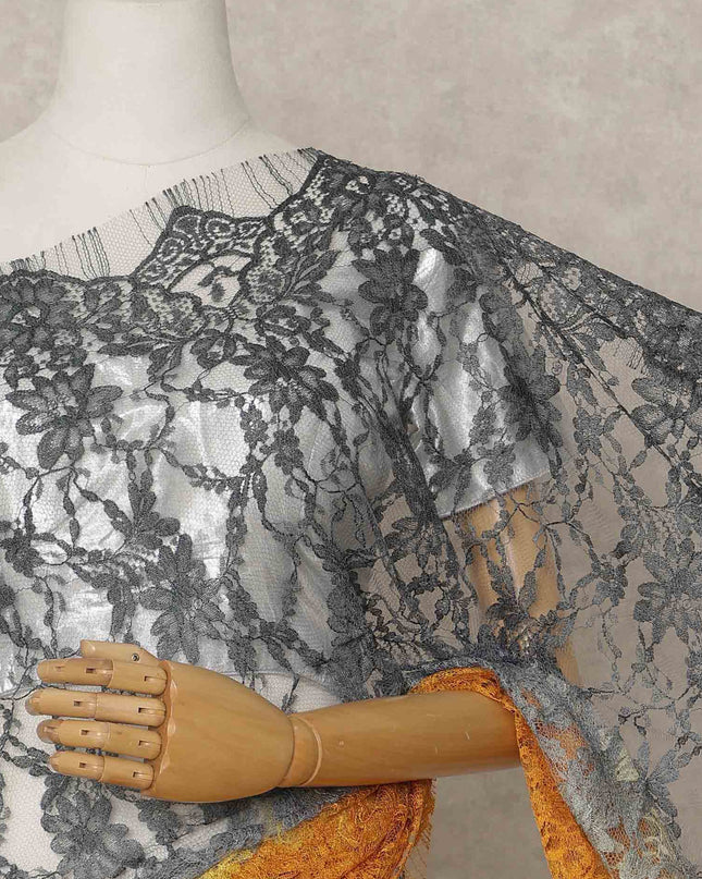 Charcoal Grey and Mustard Yellow Premium French Ombre Chantilly Lace Saree – 5.5 Meters Length, 110 Cms Width, Crafted in France-D26101