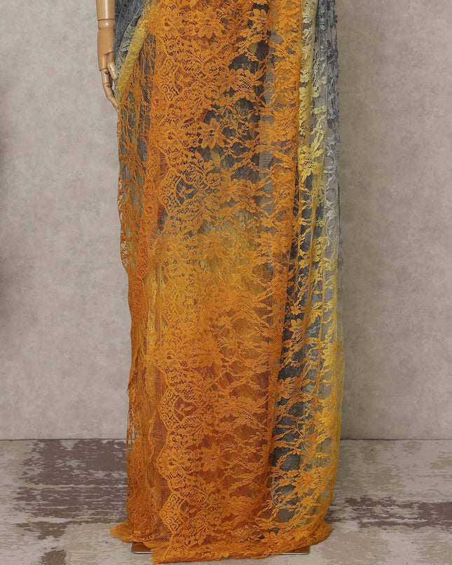 Charcoal Grey and Mustard Yellow Premium French Ombre Chantilly Lace Saree – 5.5 Meters Length, 110 Cms Width, Crafted in France-D26101