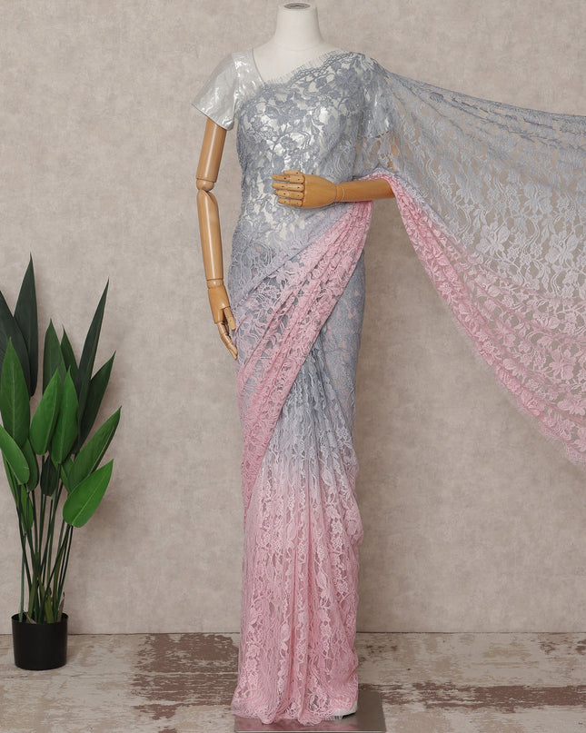 Silver Grey and Baby Pink Premium French Ombre Chantilly Lace Saree – 5.5 Meters Length, 110 Cms Width, Crafted in France-D26100