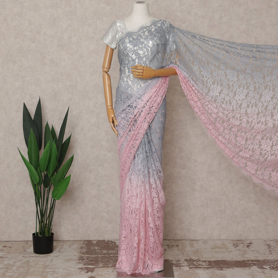 Silver Grey and Baby Pink Premium French Ombre Chantilly Lace Saree – 5.5 Meters Length, 110 Cms Width, Crafted in France-D26100