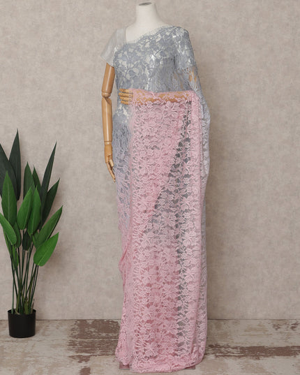 Silver Grey and Baby Pink Premium French Ombre Chantilly Lace Saree – 5.5 Meters Length, 110 Cms Width, Crafted in France-D26100