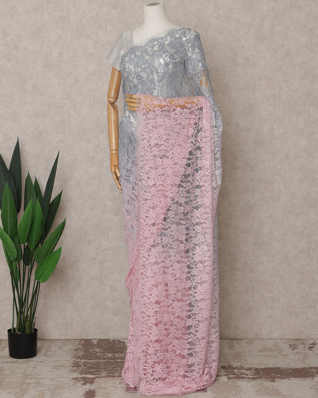 Silver Grey and Baby Pink Premium French Ombre Chantilly Lace Saree – 5.5 Meters Length, 110 Cms Width, Crafted in France-D26100