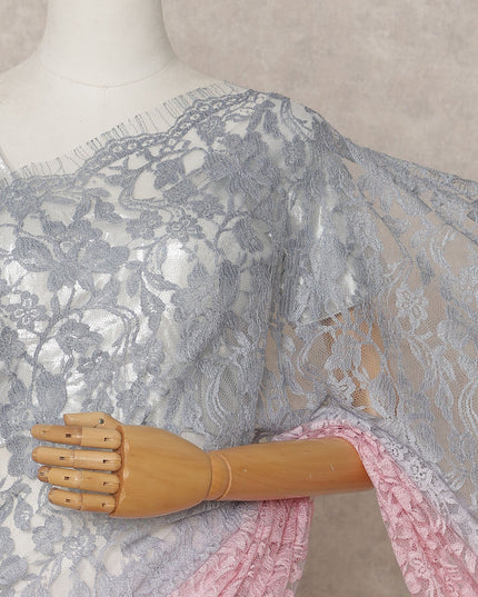Silver Grey and Baby Pink Premium French Ombre Chantilly Lace Saree – 5.5 Meters Length, 110 Cms Width, Crafted in France-D26100