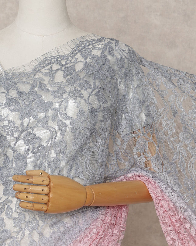 Silver Grey and Baby Pink Premium French Ombre Chantilly Lace Saree – 5.5 Meters Length, 110 Cms Width, Crafted in France-D26100