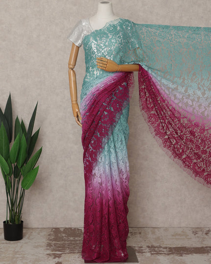 Teal and Wine Premium French Ombre Chantilly Lace Saree – 5.5 Meters Length, 110 Cms Width, Crafted in France-D26098