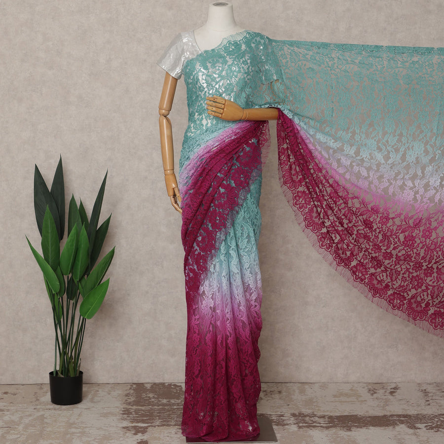 Teal and Wine Premium French Ombre Chantilly Lace Saree – 5.5 Meters Length, 110 Cms Width, Crafted in France-D26098