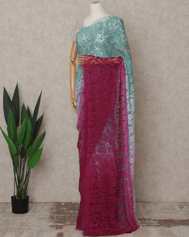 Teal and Wine Premium French Ombre Chantilly Lace Saree – 5.5 Meters Length, 110 Cms Width, Crafted in France-D26098