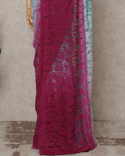 Teal and Wine Premium French Ombre Chantilly Lace Saree – 5.5 Meters Length, 110 Cms Width, Crafted in France-D26098
