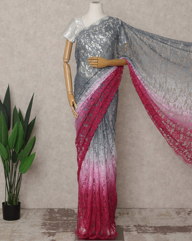 Grey and Pink Premium French Ombre Chantilly Lace Saree – 5.5 Meters Length, 110 Cms Width, Crafted in France-D26094