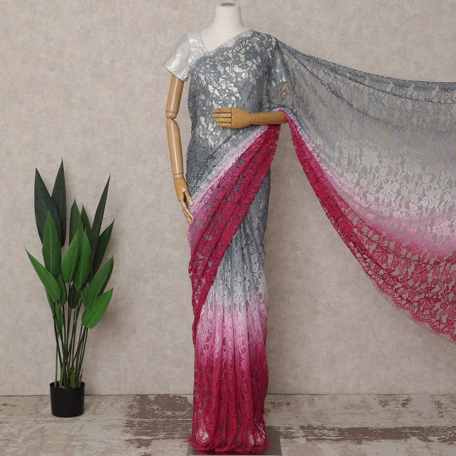 Grey and Pink Premium French Ombre Chantilly Lace Saree – 5.5 Meters Length, 110 Cms Width, Crafted in France-D26094