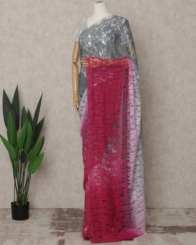 Grey and Pink Premium French Ombre Chantilly Lace Saree – 5.5 Meters Length, 110 Cms Width, Crafted in France-D26094