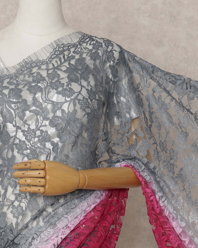 Grey and Pink Premium French Ombre Chantilly Lace Saree – 5.5 Meters Length, 110 Cms Width, Crafted in France-D26094