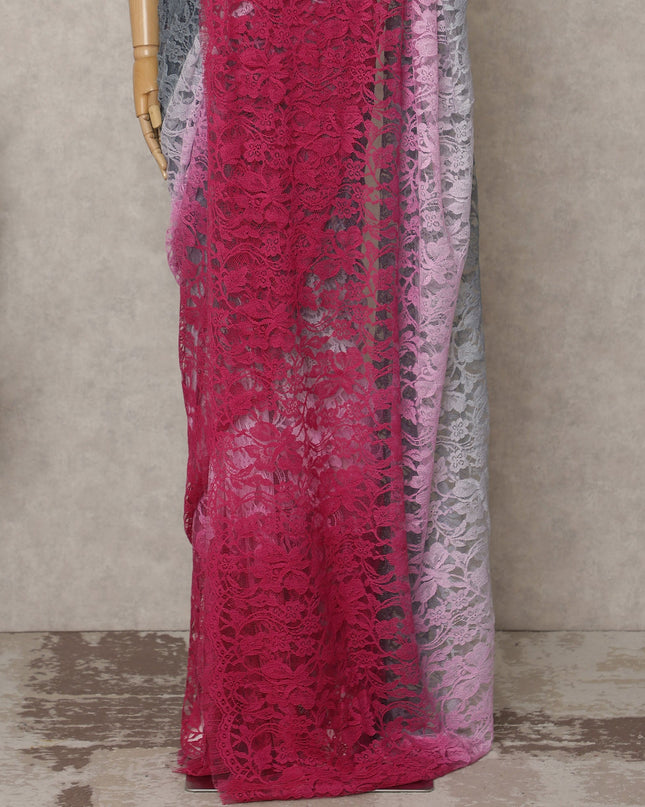 Grey and Pink Premium French Ombre Chantilly Lace Saree – 5.5 Meters Length, 110 Cms Width, Crafted in France-D26094