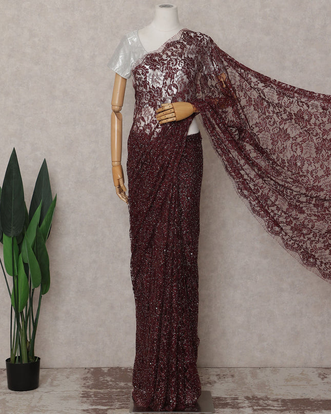 Wine Maroon Metallic Lace Saree