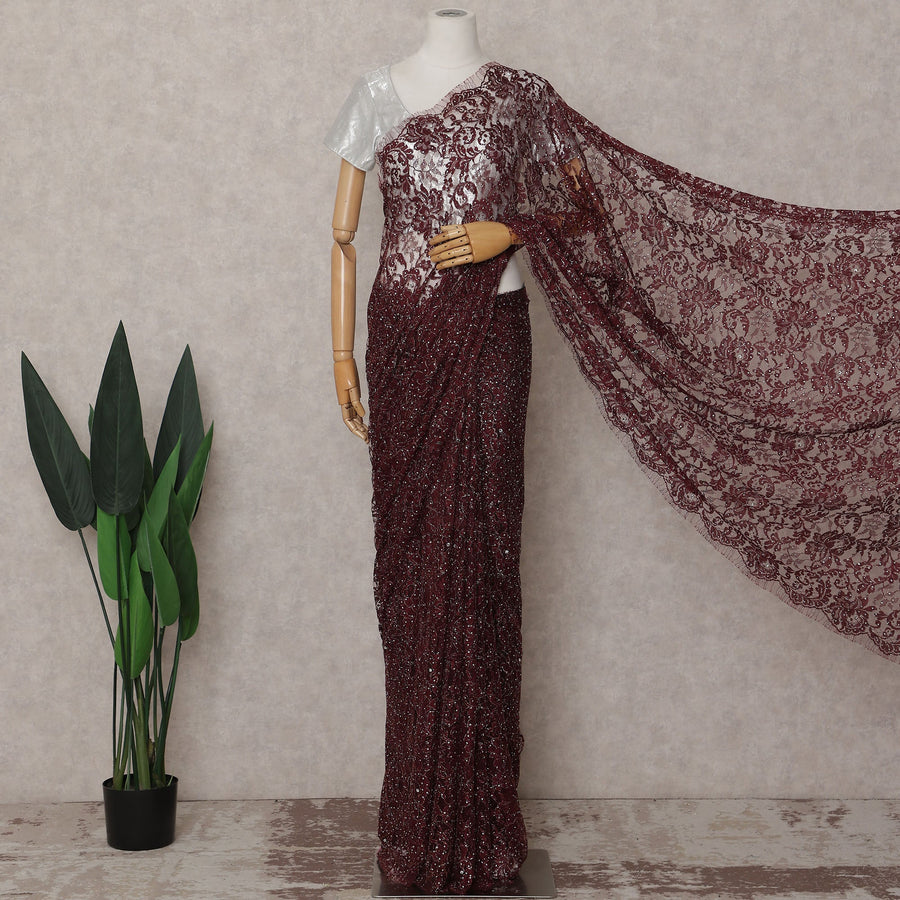 Wine Maroon Metallic Lace Saree