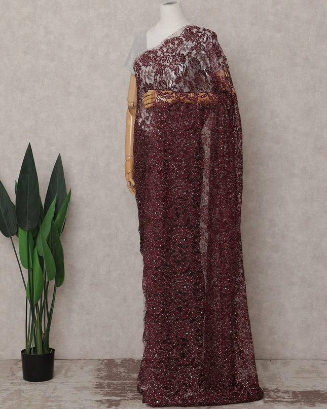 Wine Maroon Metallic Lace Saree