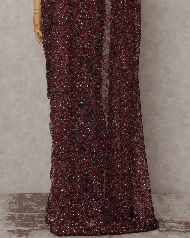 Wine Maroon Metallic Lace Saree