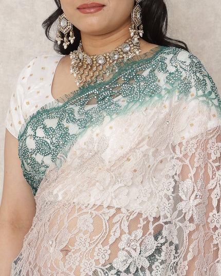 ساري فرنسي فاخر من الدانتيل الشانتيلي، بلون وردي فاتح إلى أخضر زمردي، مع تطريز حجري، بطول 5.5 متر، وعرض 110 سم، صنع في فرنسا - D24416