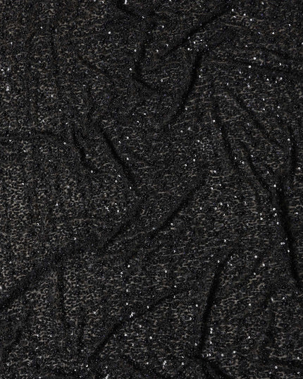 Luminous Raven Black Sequin Embellished Pure Silk Georgette Fabric Shimmering 110cm Width Luxurious Finish Indian Origin - D31192