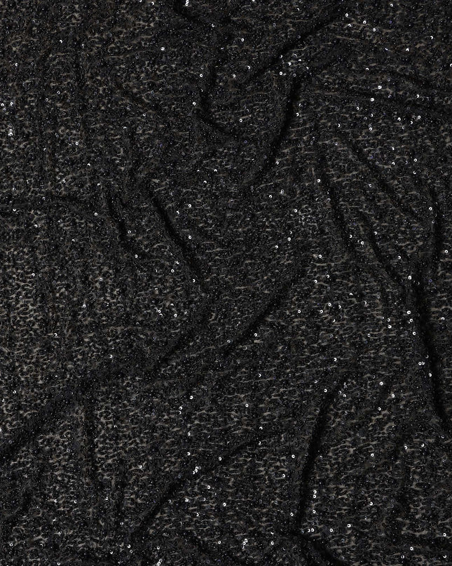 Luminous Raven Black Sequin Embellished Pure Silk Georgette Fabric Shimmering 110cm Width Luxurious Finish Indian Origin - D31192