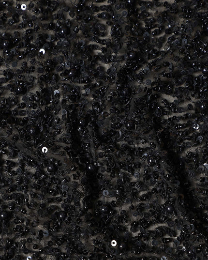 Luminous Raven Black Sequin Embellished Pure Silk Georgette Fabric Shimmering 110cm Width Luxurious Finish Indian Origin - D31192