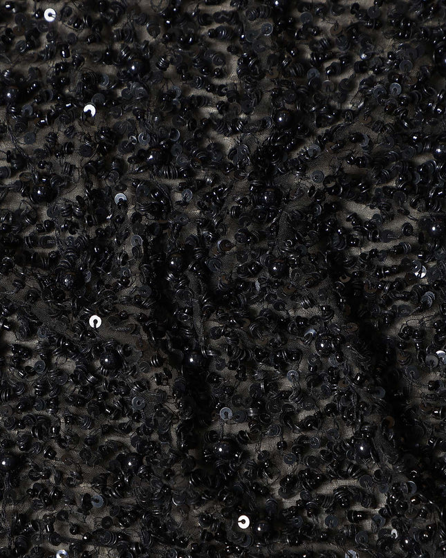 Luminous Raven Black Sequin Embellished Pure Silk Georgette Fabric Shimmering 110cm Width Luxurious Finish Indian Origin - D31192