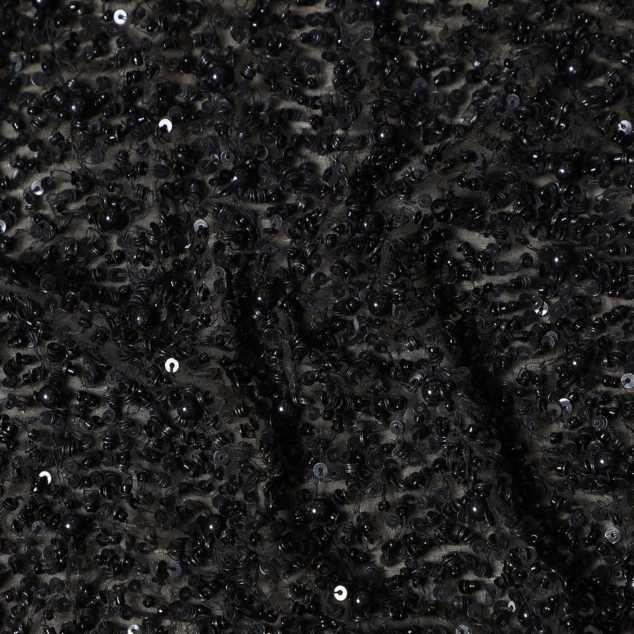 Luminous Raven Black Sequin Embellished Pure Silk Georgette Fabric Shimmering 110cm Width Luxurious Finish Indian Origin - D31192