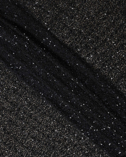 Luminous Raven Black Sequin Embellished Pure Silk Georgette Fabric Shimmering 110cm Width Luxurious Finish Indian Origin - D31192