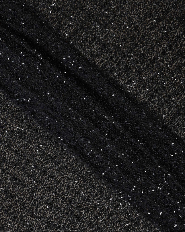 Luminous Raven Black Sequin Embellished Pure Silk Georgette Fabric Shimmering 110cm Width Luxurious Finish Indian Origin - D31192