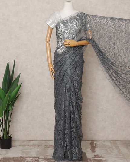 Charcoal Grey Premium French Chantilly Lace Saree Fabric 5.5 Mtrs with 110 Cms Width – Imported from France-D25638