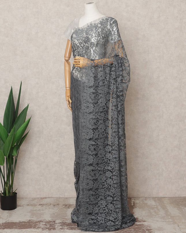 Charcoal Grey Premium French Chantilly Lace Saree Fabric 5.5 Mtrs with 110 Cms Width – Imported from France-D25638