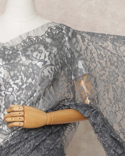 Charcoal Grey Premium French Chantilly Lace Saree Fabric 5.5 Mtrs with 110 Cms Width – Imported from France-D25638