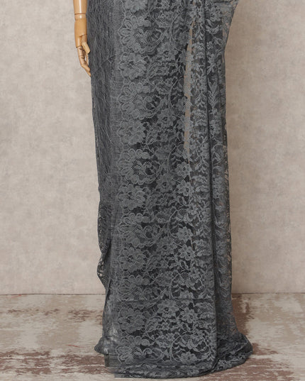 Charcoal Grey Premium French Chantilly Lace Saree Fabric 5.5 Mtrs with 110 Cms Width – Imported from France-D25638
