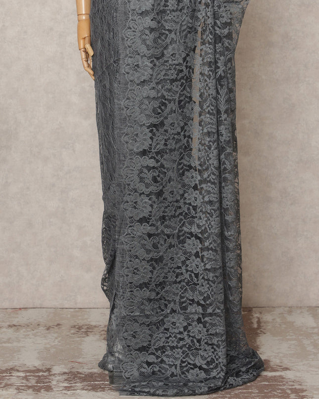 Charcoal Grey Premium French Chantilly Lace Saree Fabric 5.5 Mtrs with 110 Cms Width – Imported from France-D25638