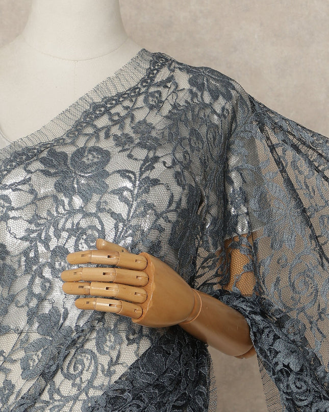 Steel Grey 2Tone Premium French Chantilly Saree Lace 5.5 Mtrs 110 Cms Width France-D27785