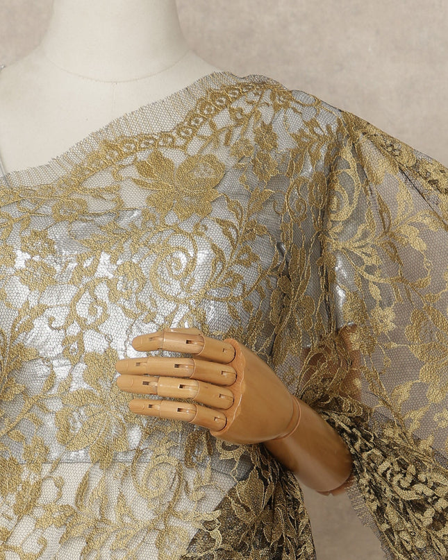 Antique Gold 2Tone Premium French Chantilly Saree Lace 5.5 Mtrs 110 Cms Width France-D27797