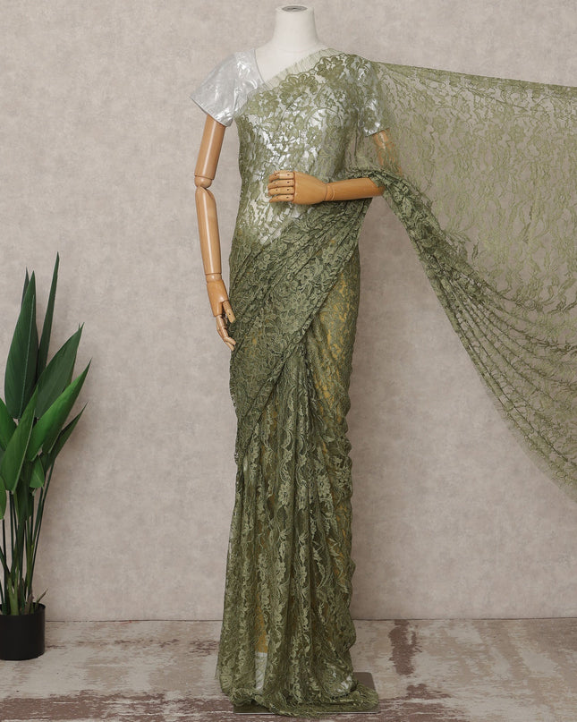Olive Green Premium French Chantilly Lace Saree Fabric 5.5 Mtrs with 110 Cms Width – Imported from France-D25642