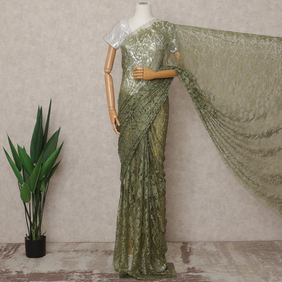 Olive Green Premium French Chantilly Lace Saree Fabric 5.5 Mtrs with 110 Cms Width – Imported from France-D25642