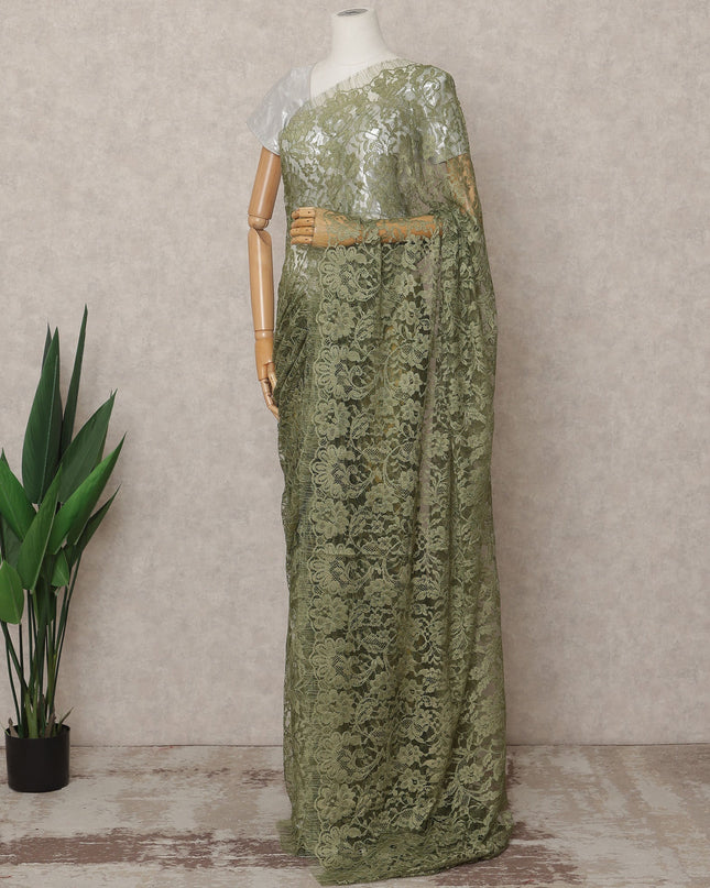 Olive Green Premium French Chantilly Lace Saree Fabric 5.5 Mtrs with 110 Cms Width – Imported from France-D25642