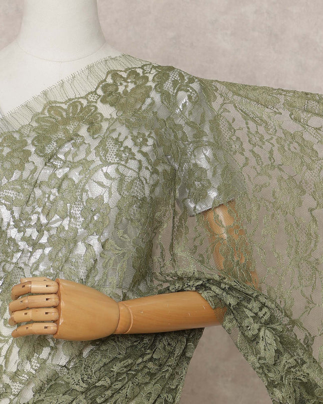 Olive Green Premium French Chantilly Lace Saree Fabric 5.5 Mtrs with 110 Cms Width – Imported from France-D25642
