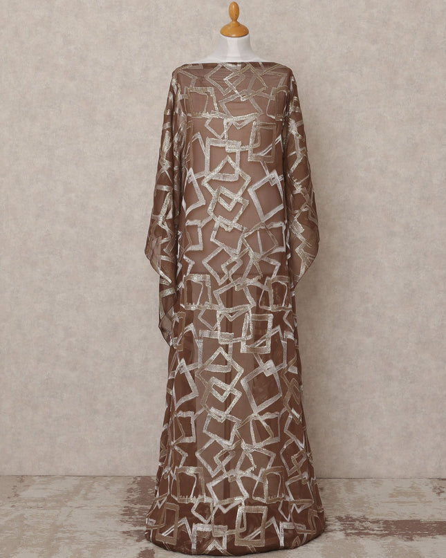 قماش ديراك من الحرير الصومالي شيفون لوركس معدني هندسي بني - 3.5 متر، عرض 140 سم، صنع في كوريا الجنوبية - D24768