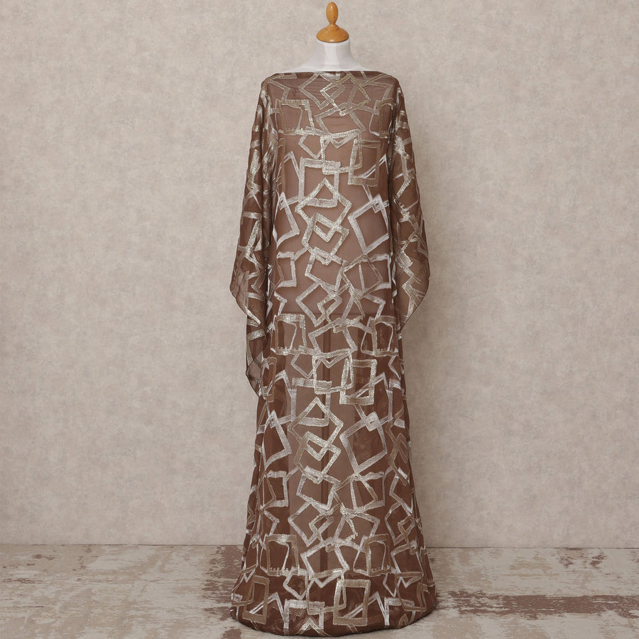 قماش ديراك من الحرير الصومالي شيفون لوركس معدني هندسي بني - 3.5 متر، عرض 140 سم، صنع في كوريا الجنوبية - D24768