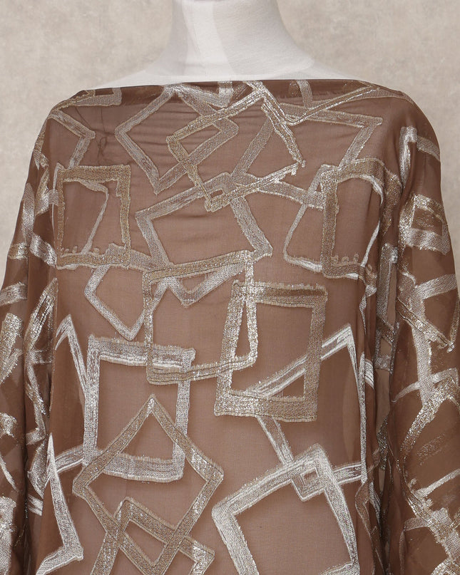 قماش ديراك من الحرير الصومالي شيفون لوركس معدني هندسي بني - 3.5 متر، عرض 140 سم، صنع في كوريا الجنوبية - D24768